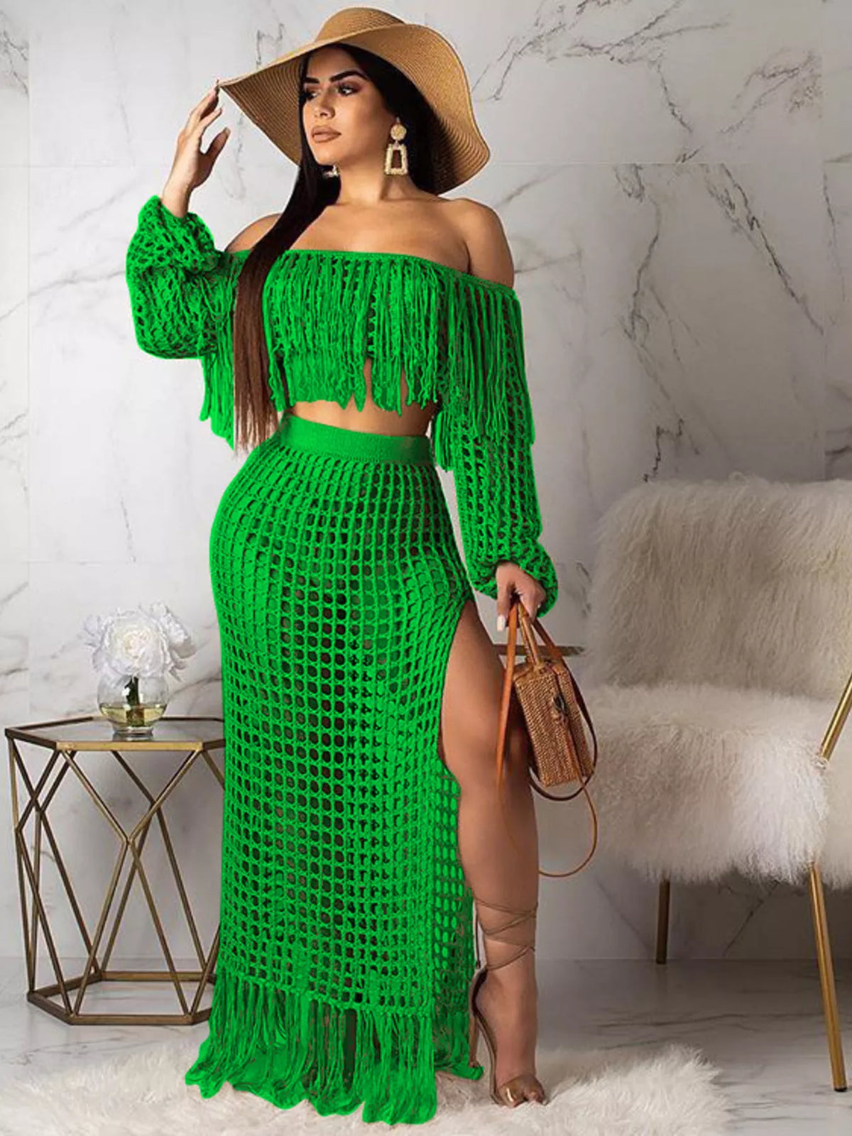 Plus size crochet off-shoulder fringe top and skirt set by Plush Fashion Hub, featuring a stylish matching boho look.