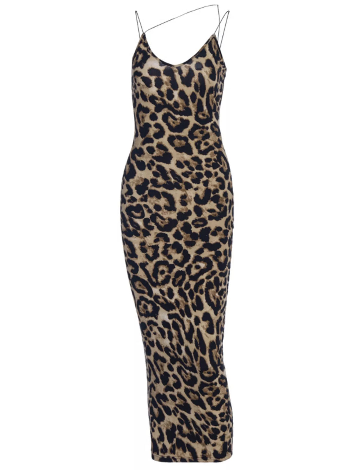 Leopard print spaghetti strap midi dress by Plush Fashion Hub, featuring a stylish and fitted design perfect for casual or dressy occasions.
