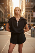 FitiqueFit Half-Zip Lapel Sweatshirt and Shorts two-piece set in various colors, casual athleisure outfit for comfortable style.