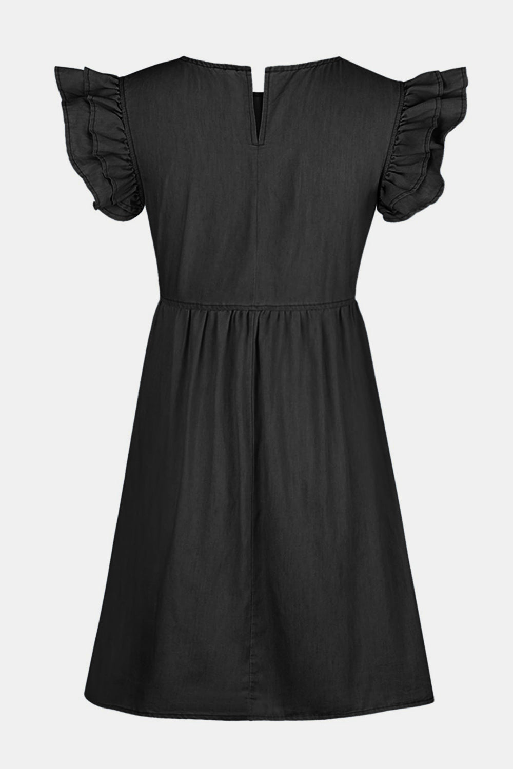Full size ruffled round neck cap sleeve denim dress by Plush Fashion Hub, showing the dress's ruffled neckline and sleeveless design.