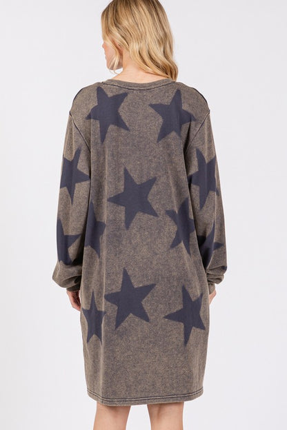 Women's Washed Star Print Round Neck Dress