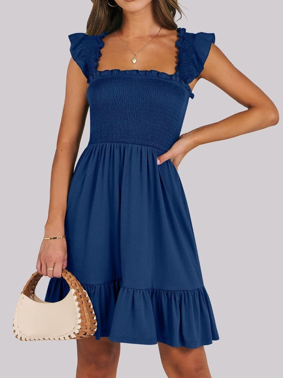 Women’s lightweight summer dress by Plush Fashion Hub featuring smocked bodice, ruffle hem, mini length, casual style.