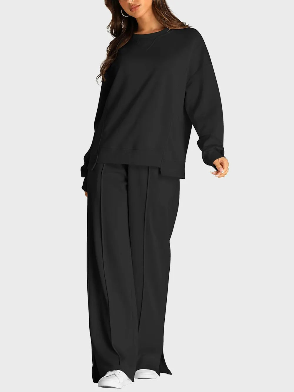 Trendsi round neck long sleeve top with slit pants set, stylish matching outfit featuring a fitted long sleeve top and slit detail pants