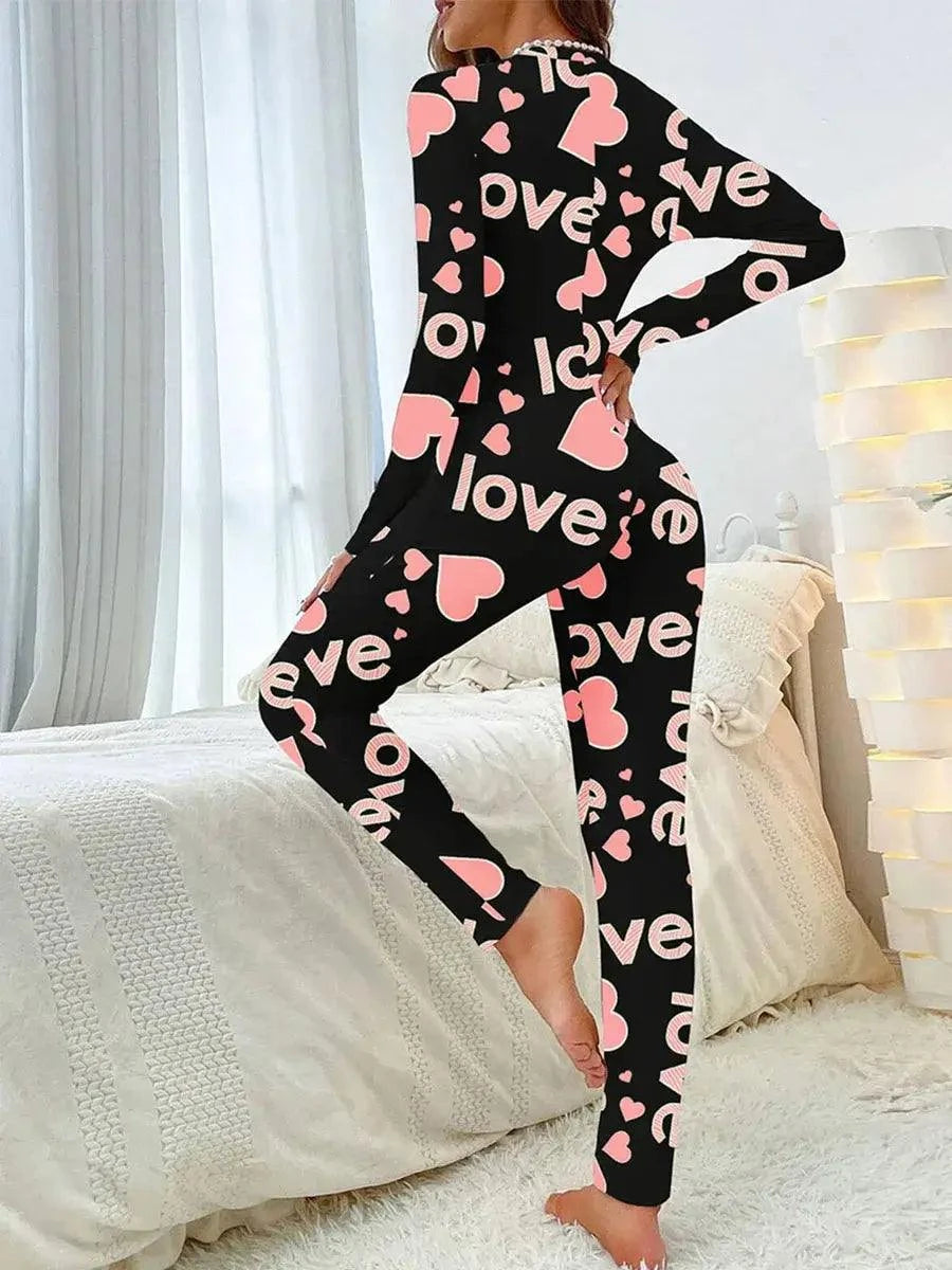 Women Jumpsuit Long Sleeve V Neck Button Closure Letters Heart Print LThe beautiful heart print and V-neck design make it a perfect choice for festive occasions. The long sleeve and button closure add a touch of comfort and conveniencePajamasPlush Fashions ShopPlush Fashion Shop