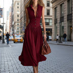 Women's sleeveless lapel collar maxi dress by FitiqueFit featuring slim fit patchwork casualwear, styled for a relaxed, elegant look.