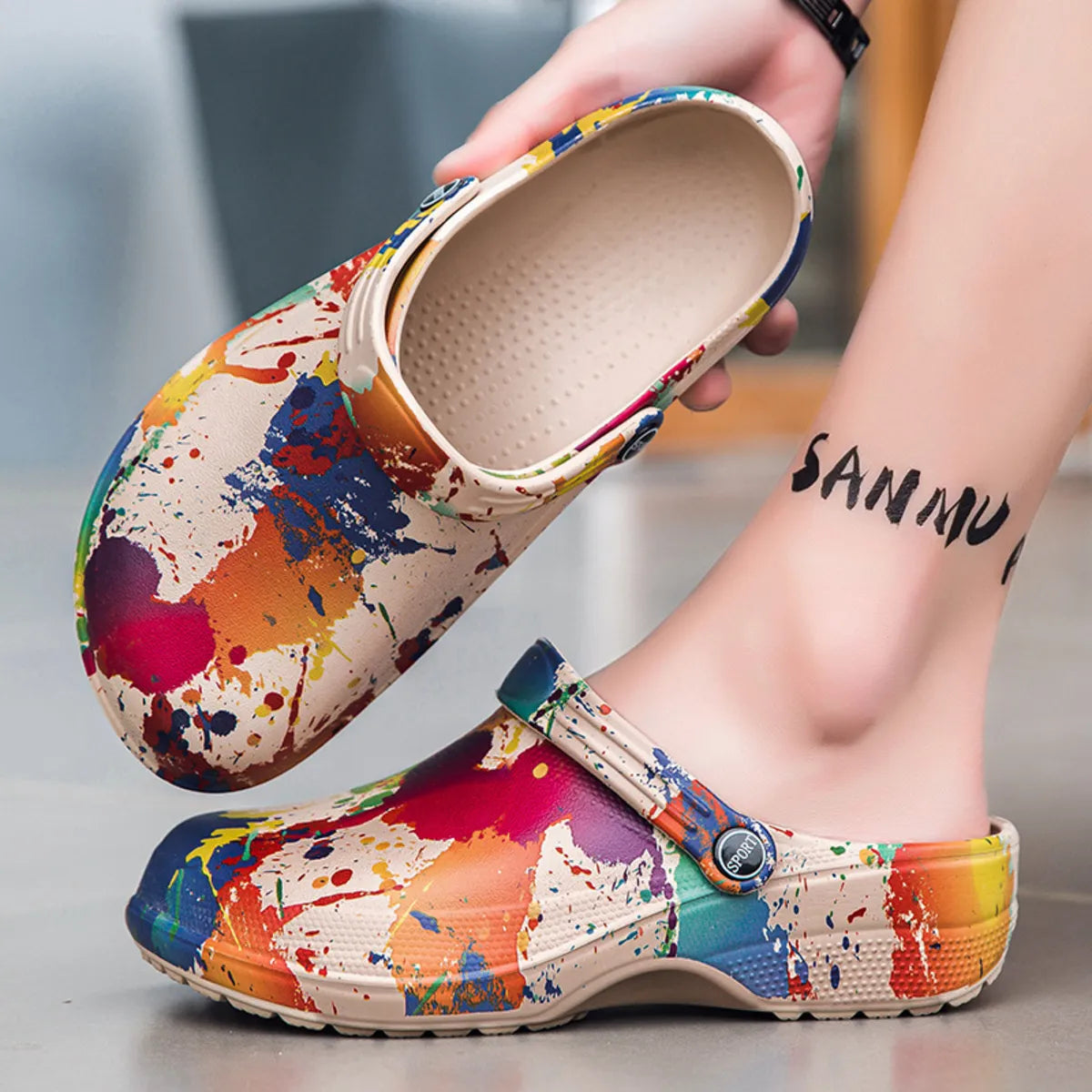 Men's colorful paint splash sandals from Plush Fashion Hub, showcasing vibrant footwear with a bold, artistic design.