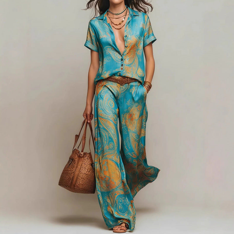 Women's bohemian printed resort two-piece casualwear set with 3/4 sleeve shirt and pants by FitiqueFit.