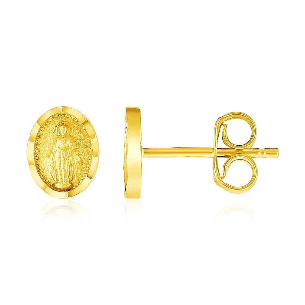 14k yellow gold oval religious medallion post earrings with detailed design, crafted by Bids.com.