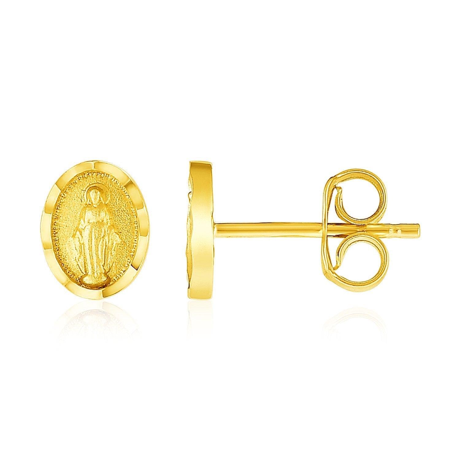 14k yellow gold oval religious medallion post earrings with detailed design, crafted by Bids.com.