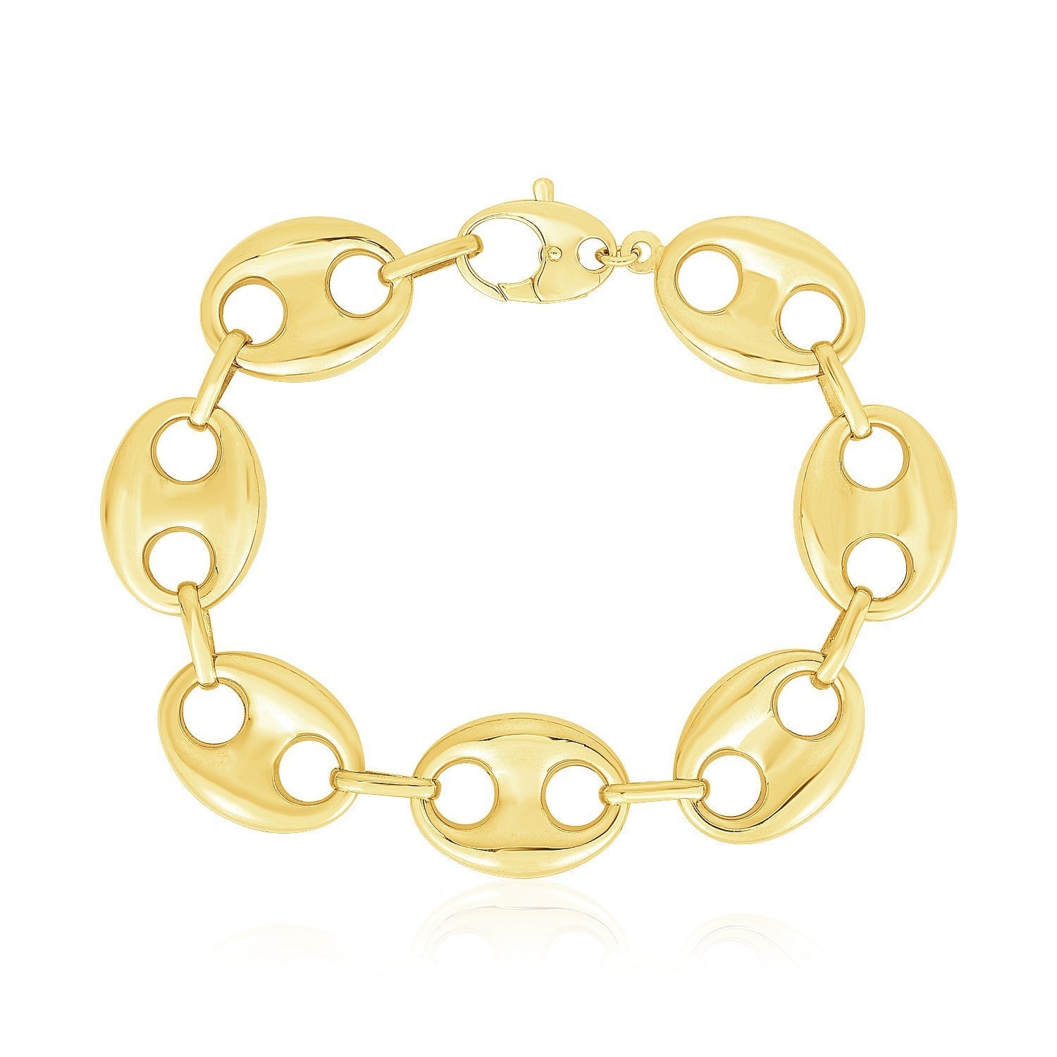 14k yellow gold high polish mariner link bracelet with puffed design, 21mm width, showcasing shiny and elegant jewelry craftsmanship.