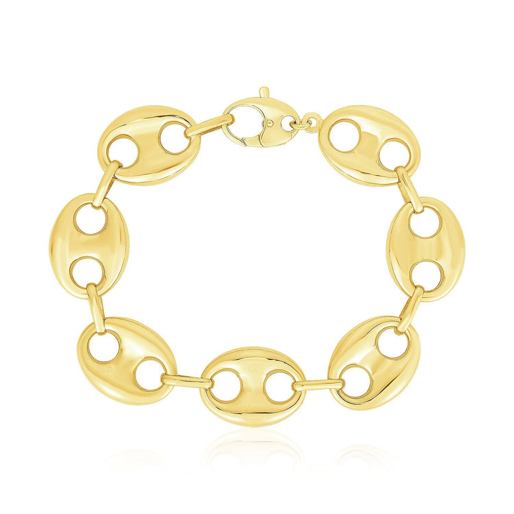14k yellow gold high polish lite puffed Mariner link bracelet, 21 mm wide, with smooth, reflective surface and classic jewelry style.