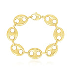 14k yellow gold high polish lite puffed Mariner link bracelet, 21 mm wide, with smooth, reflective surface and classic jewelry style.