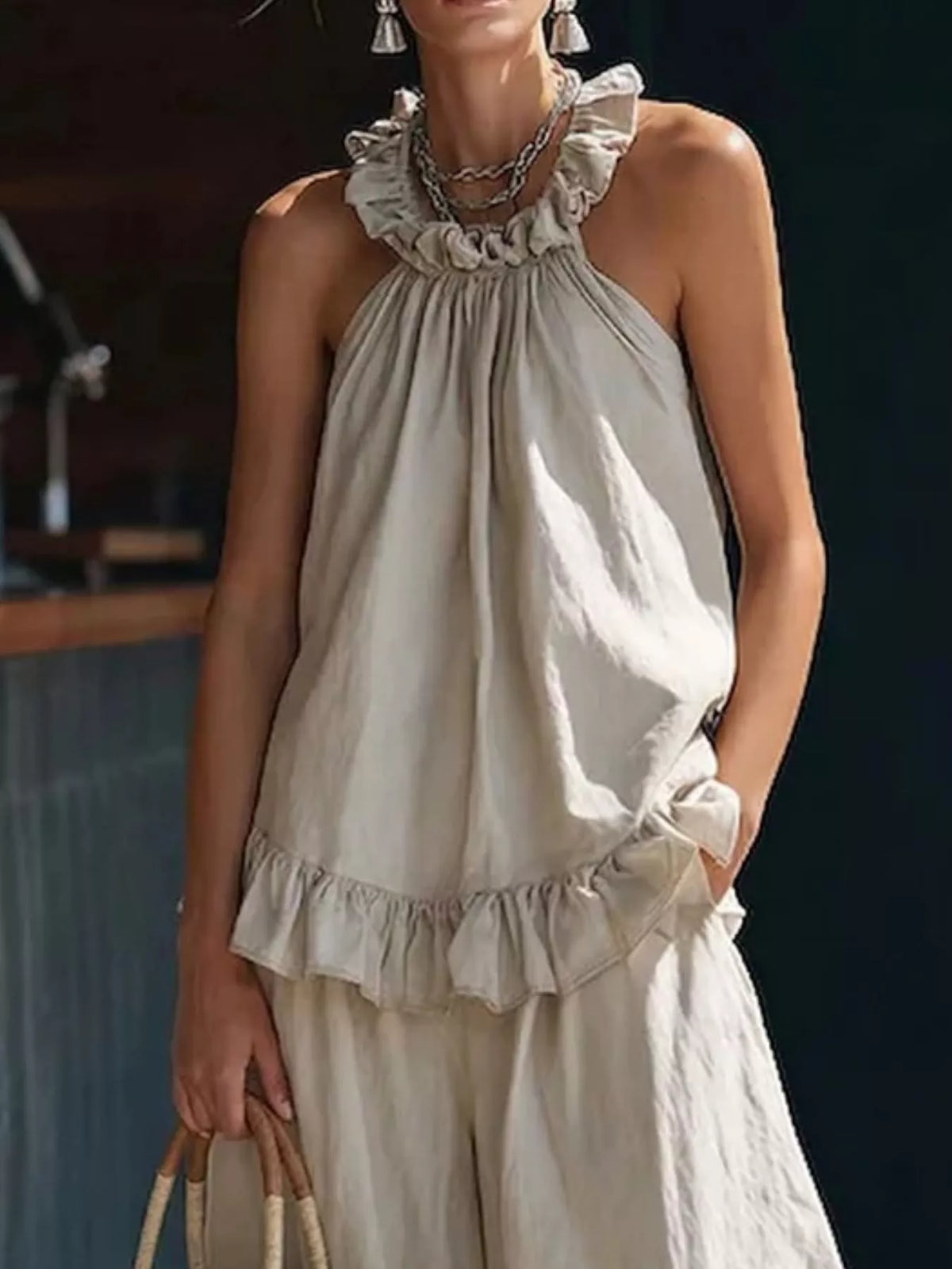 Plus size ruffled halter neck top and wide-leg pants matching set by Plush Fashion Hub, shown in a stylish full outfit.