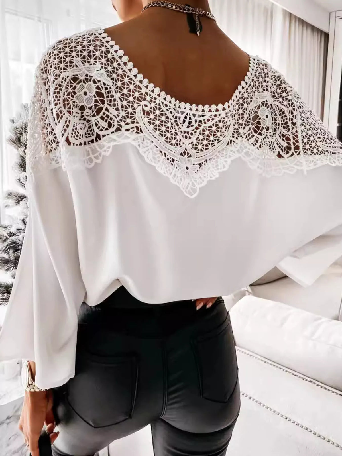 Lace trim long sleeve blouse by Plush Fashion Hub featuring delicate lace details and a relaxed fit.