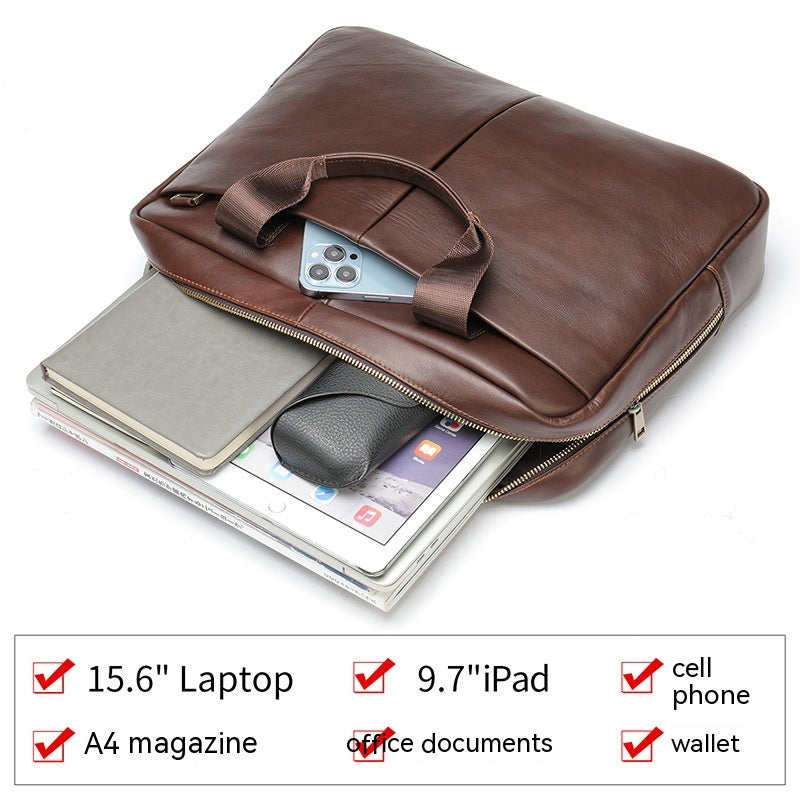 Genuine leather men's briefcase by Pi-Mart with large capacity, horizontal design, cowhide first layer leather, ideal for computer storage.