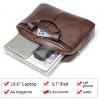 Genuine leather men's briefcase by Pi-Mart with large capacity, horizontal design, cowhide first layer leather, ideal for computer storage.