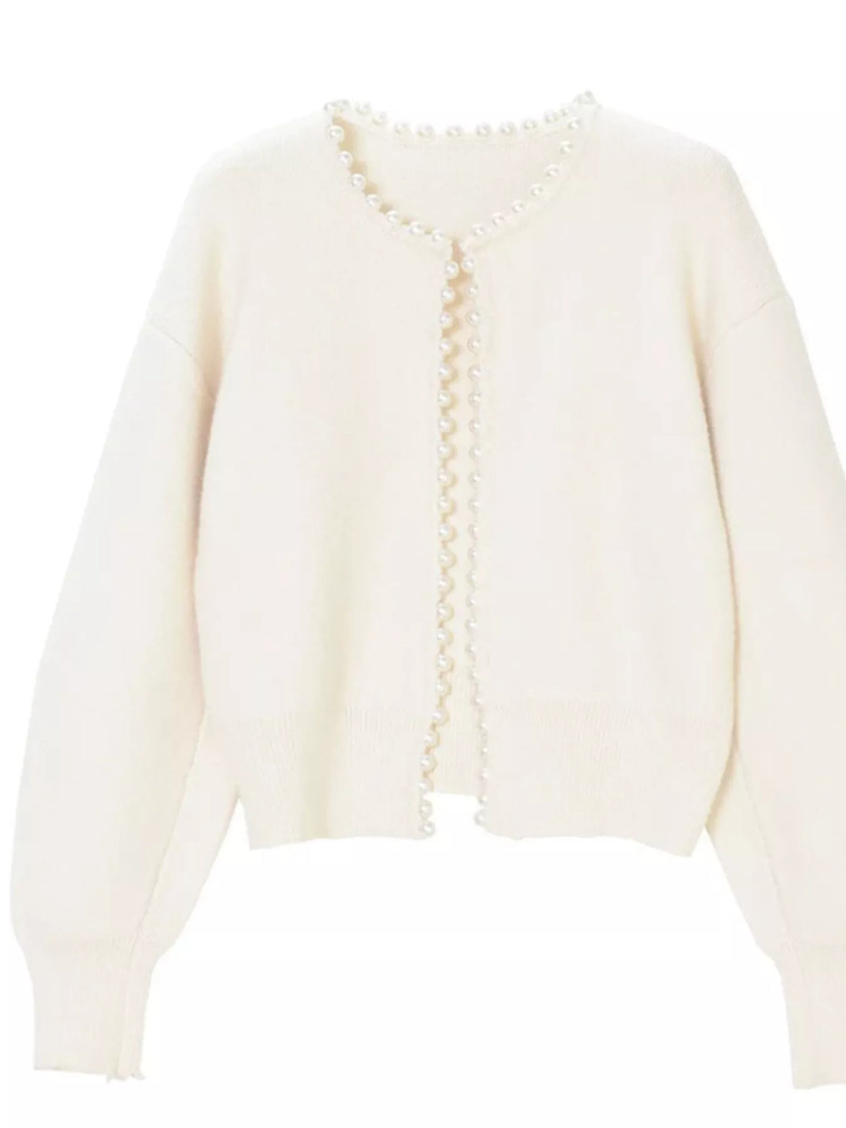 Open front women's cardigan with pearl trim, lightweight knit, stylish design, perfect for layering and casual wear.