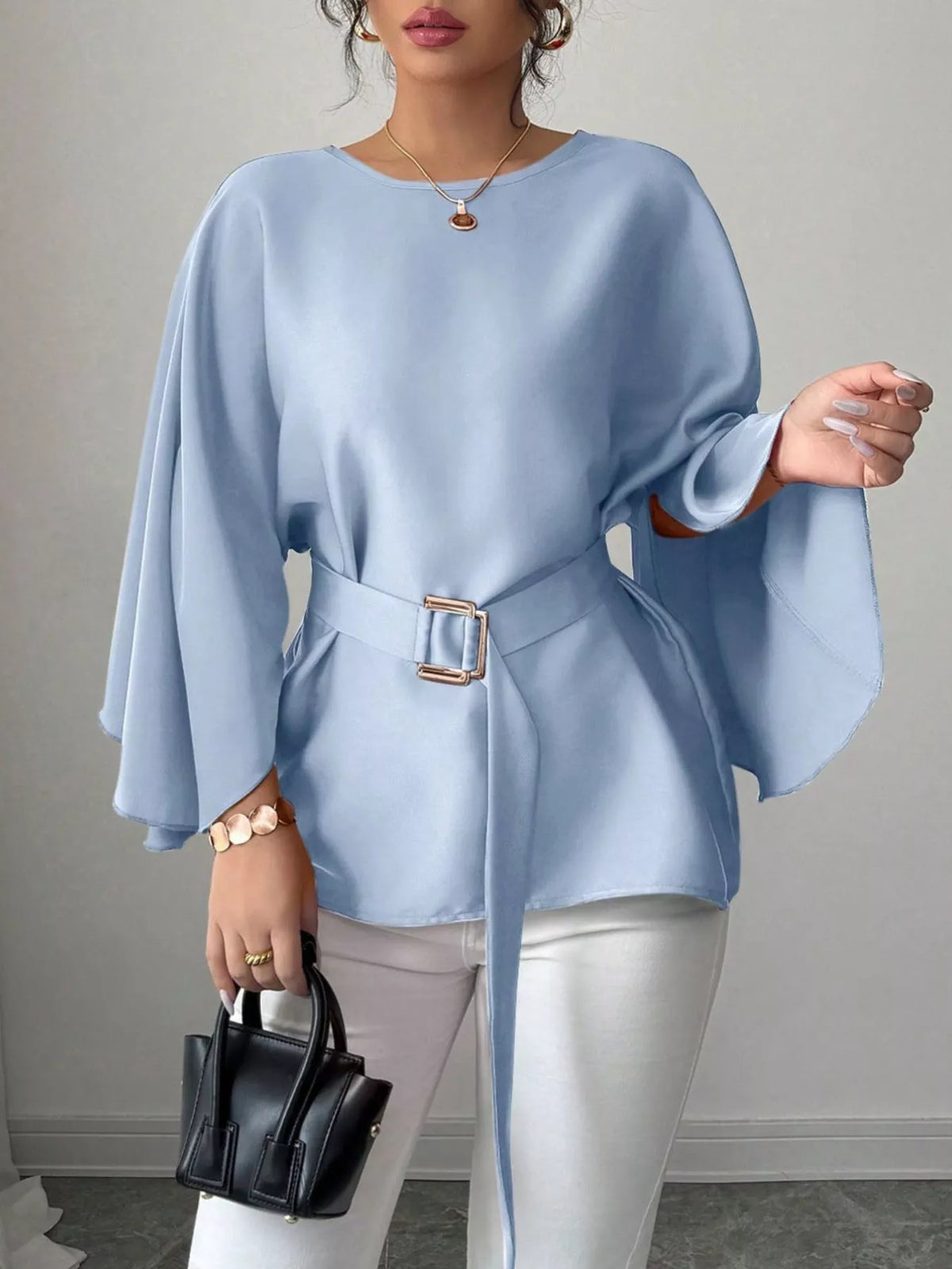 Plush Fashion Hub batwing sleeve belted blouse with flowy fabric and stylish design, perfect for casual or semi-formal wear.