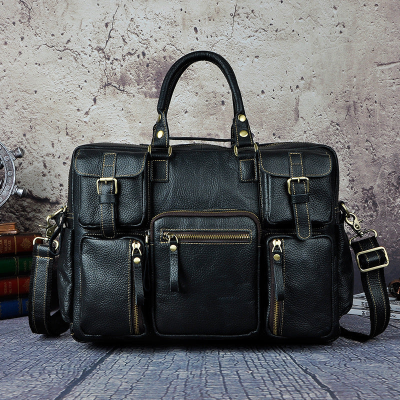 Pi-Mart men's first layer cowhide briefcase with 16-inch large capacity, stylish and durable for professional use