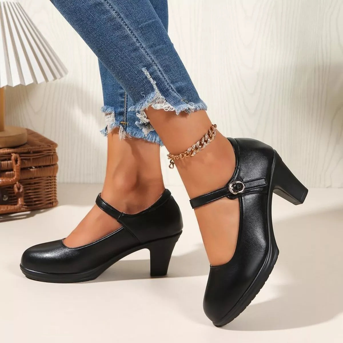 Trendsi Buckle Block Heels Pumps showing stylish black heels with a buckle detail and chunky block heel design.