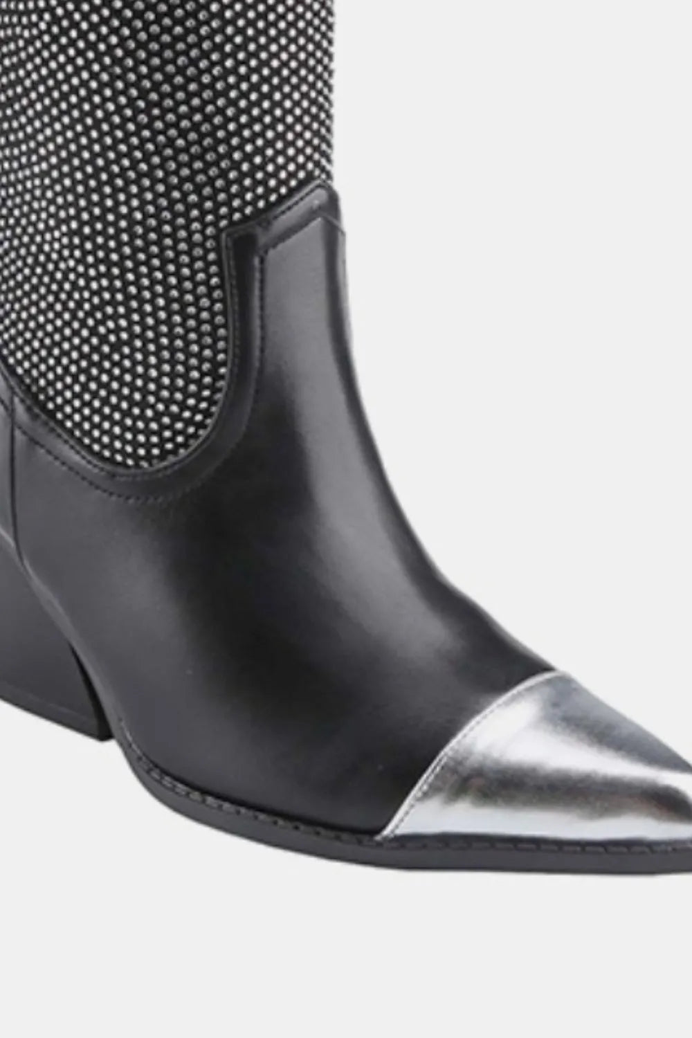 Weeboo chunky heel rhinestone western cowboy boots showcasing metallic accents and intricate stitching.