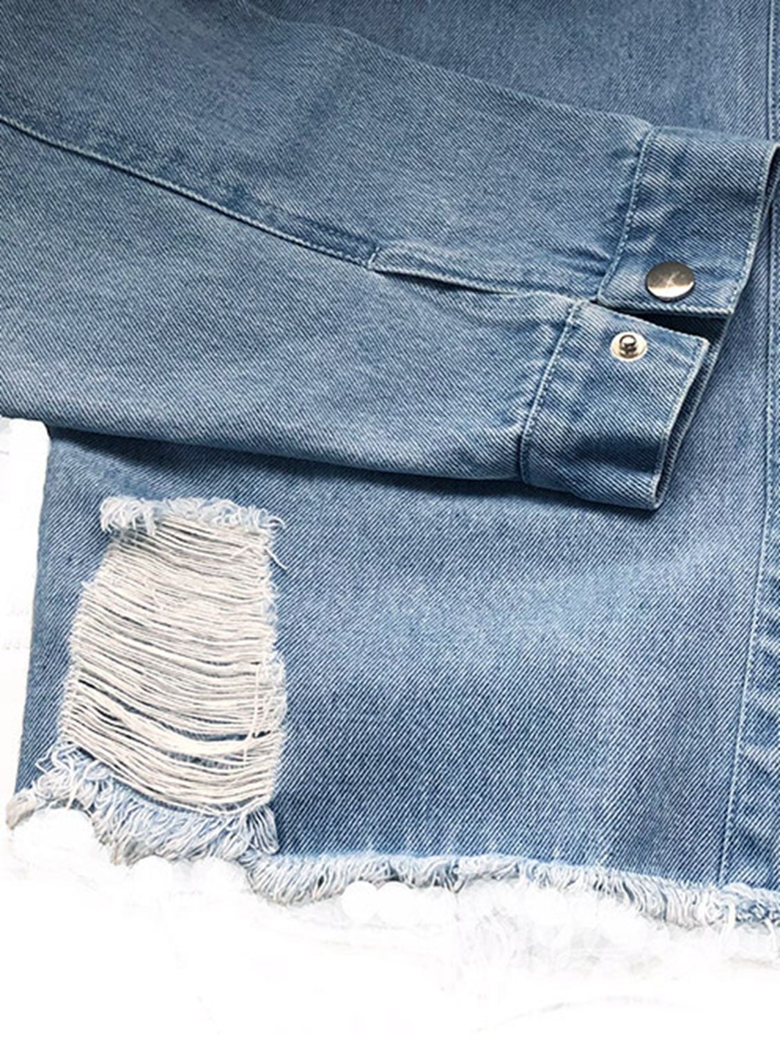 Raw hem collared neck long sleeve denim jacket by Plush Fashion Hub, showing the classic blue denim fabric and stylish design.