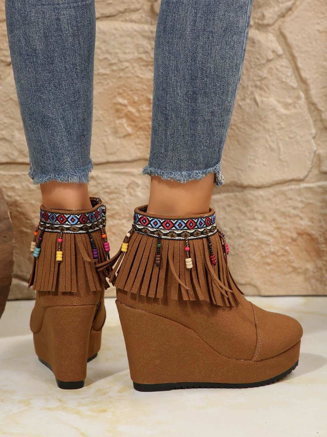 Fringe Suede Wedge Boots with colorful fringe detail and high heel.