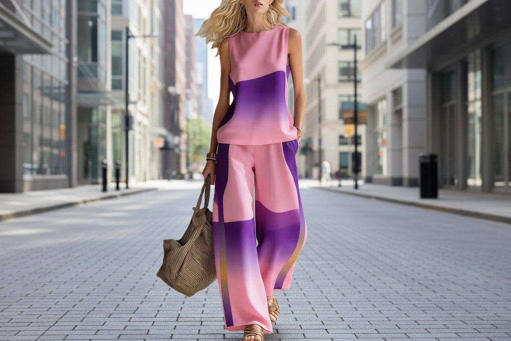 Women's sleeveless printed tank top and wide-leg pants casualwear set by Plush Fashion Hub, featuring a stylish two-piece design.