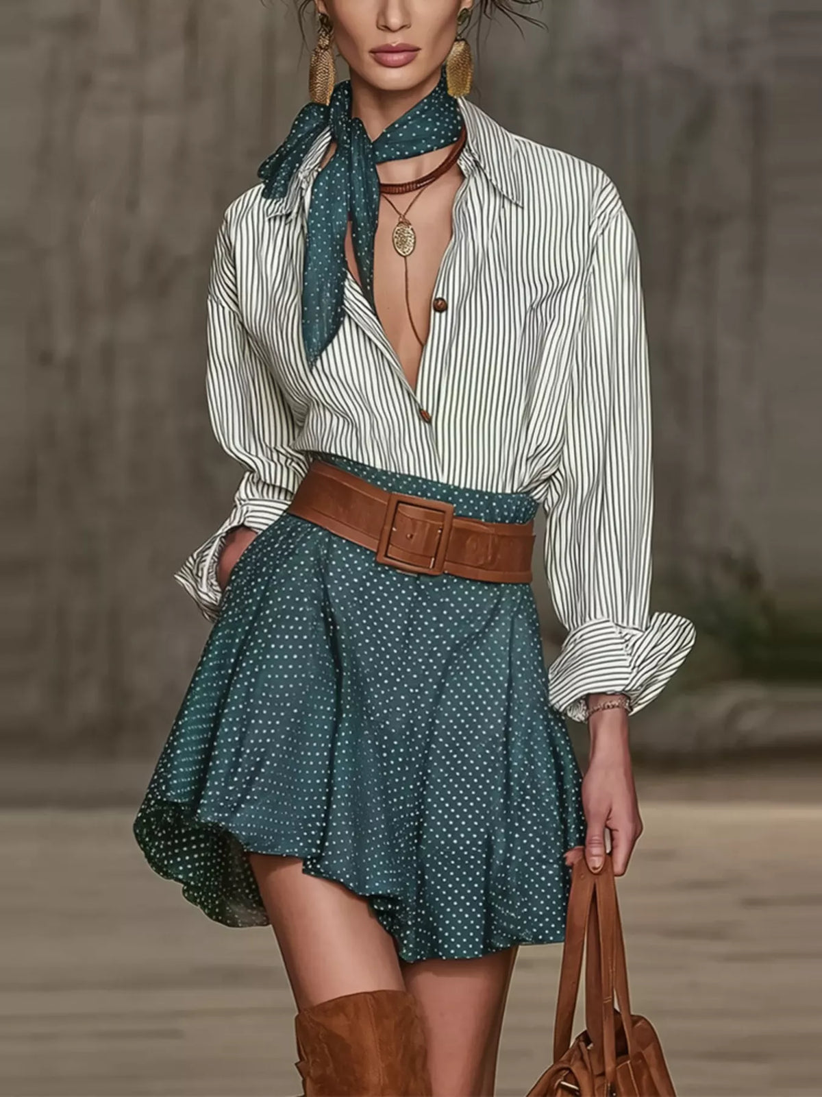 Women’s button-up shirt and polka dot skirt set by Trendsi, featuring a stylish blouse and matching printed skirt.