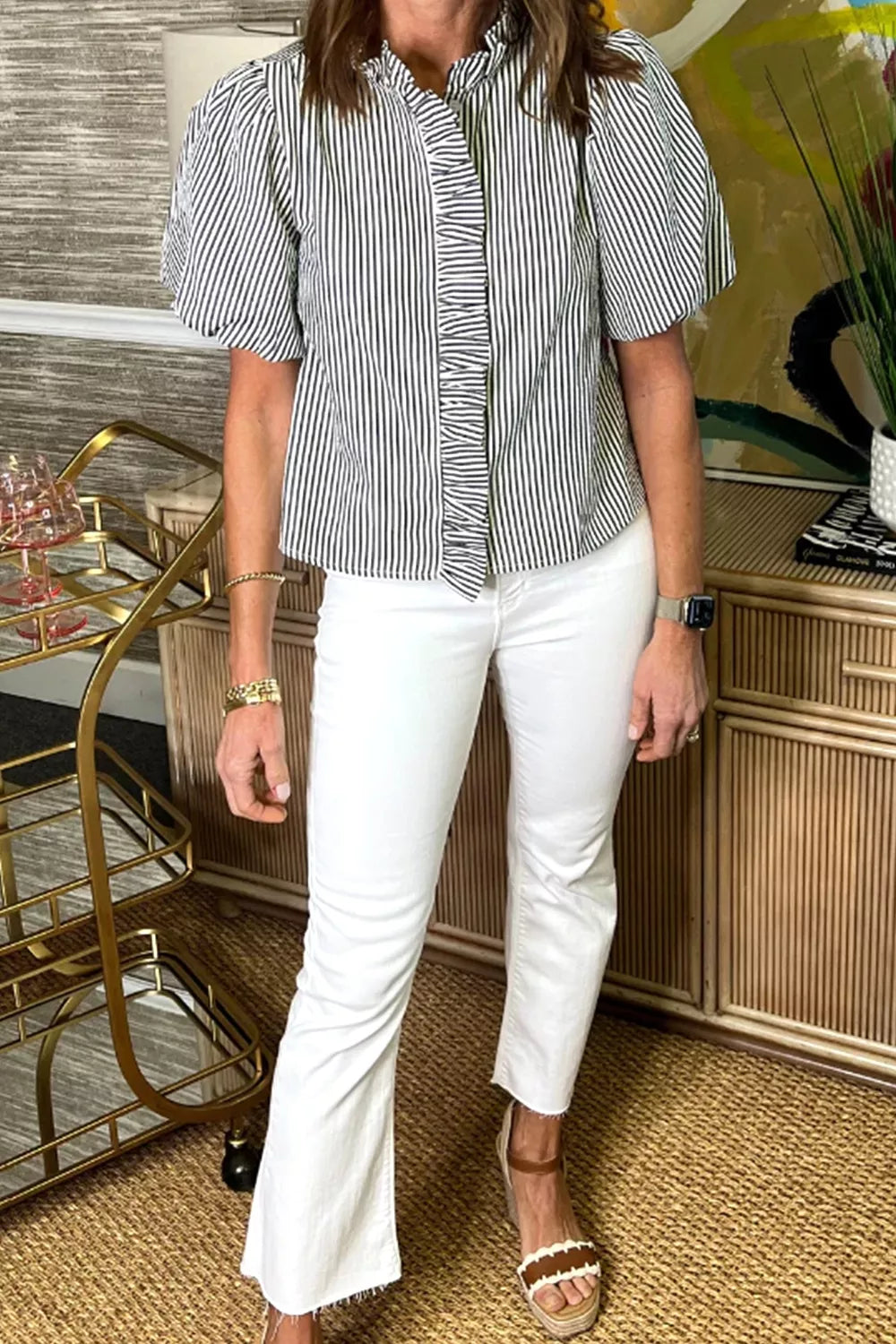 Striped ruffle short bubble sleeve shirt by Plush Fashion Hub, featuring a stylish design with ruffles and stripes.