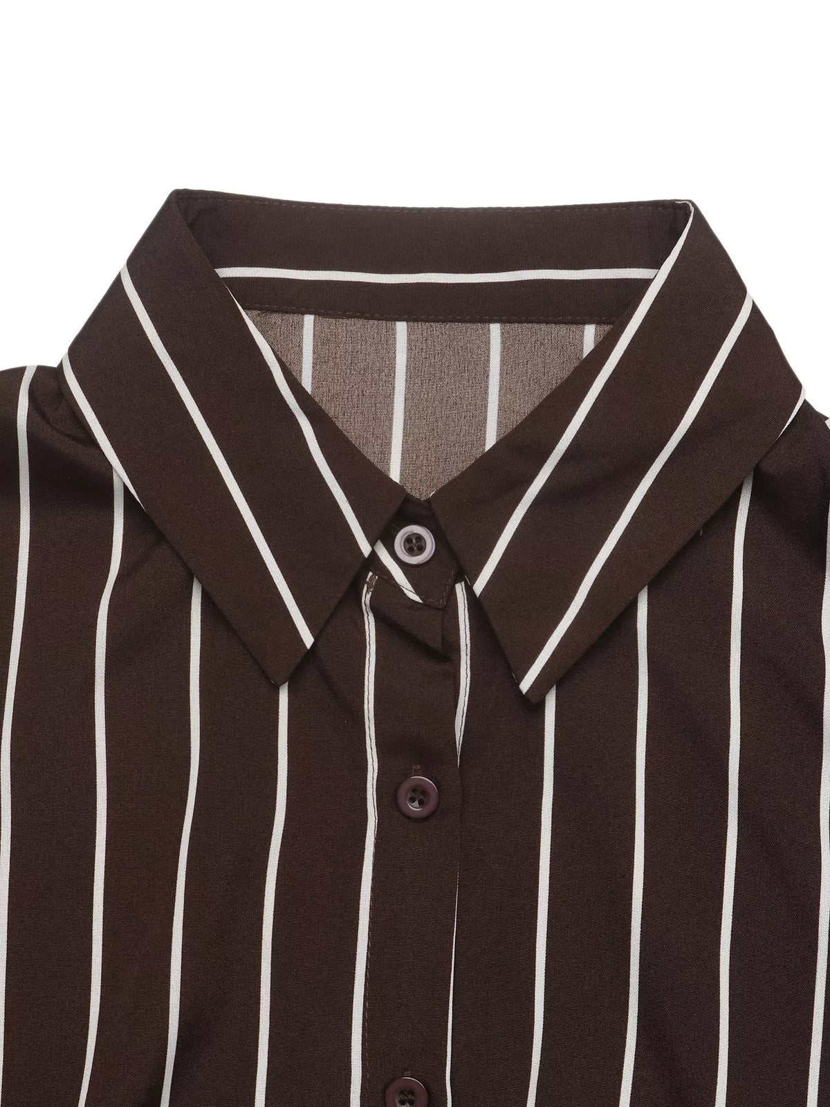 Striped long sleeve belted shirt dress for women, featuring a classic design and button-up front, by Trendsi.