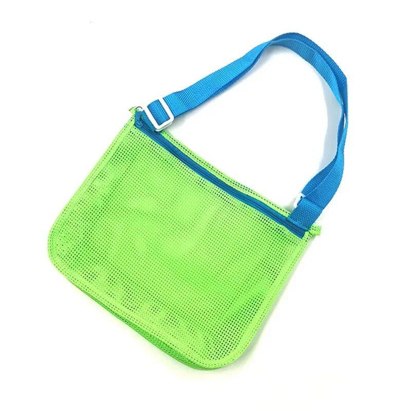 Mesh beach toy storage bag with seashell design for kids, ideal for sand toys, pool accessories, and swimming gear.
