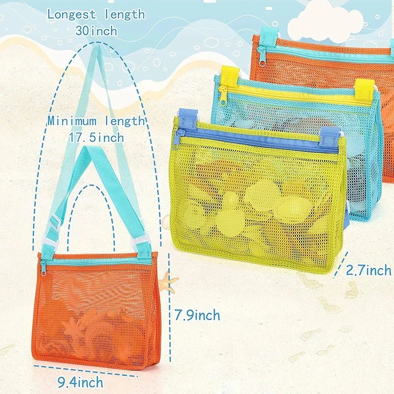 Perfecsy mesh beach toy bag for kids with seashell design, ideal for storing sand toys, pool accessories, and swimming gear.
