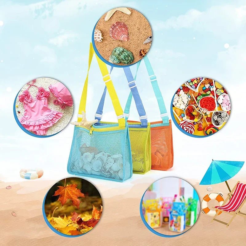 Perfecsy beach toy mesh bag for kids with seashell design, ideal for storing sand toys, pool accessories, and swimming gear.