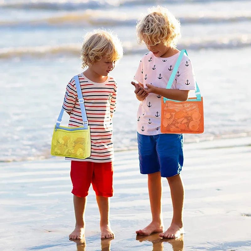 Perfecsy mesh beach toy bag with seashell design, ideal for kids to store sand toys and swimming accessories at the beach.