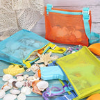 Perfecsy beach toy mesh bag with seashell design, ideal for kids to store sand toys and swimming accessories at the beach.