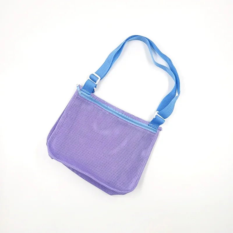 Perfecsy mesh beach toy bag with seashell design, perfect for kids' sand toys, pool accessories, and swimming gear.