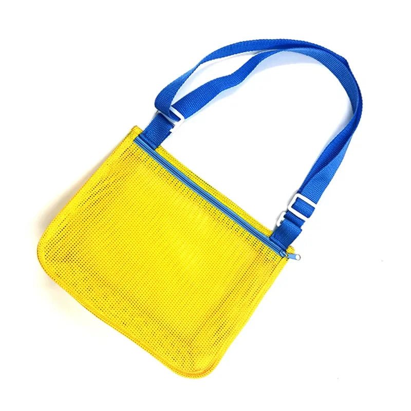 Colorful mesh beach toy bag with shells for kids, ideal for storing sand toys, seashells, and swimming accessories.