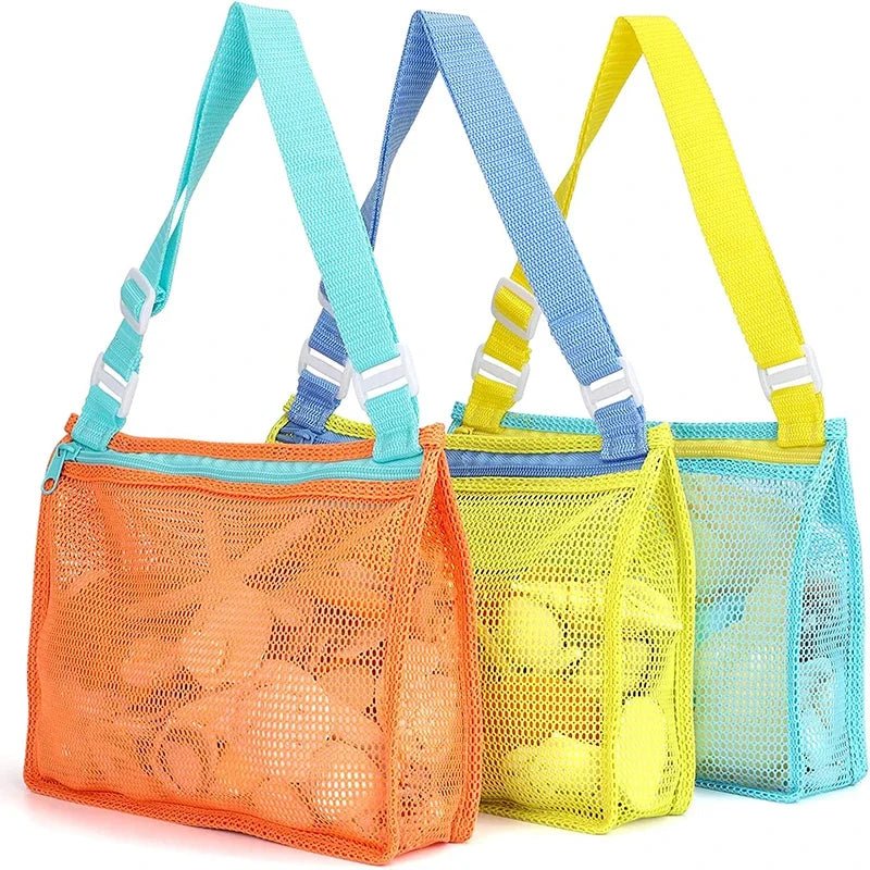 Perfecsy mesh beach toy bag with shell design, ideal for kids to store sand toys and swimming accessories at the beach.