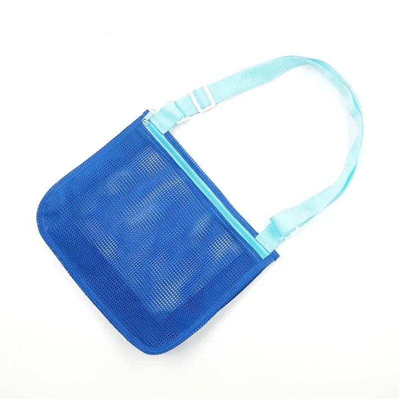 Plush Fashion Hub beach toy mesh bag for kids, featuring seashell design, perfect for storing sand toys and swimming accessories.