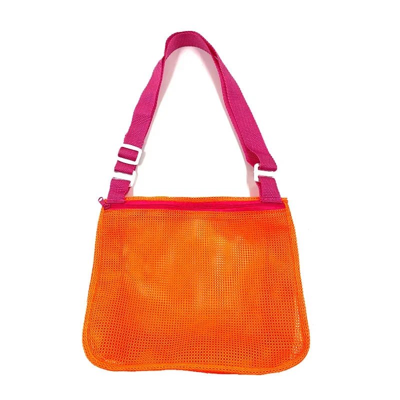 Mesh beach toy bag for kids with seashell design, ideal for storing sand toys, swimming accessories, and pool items.