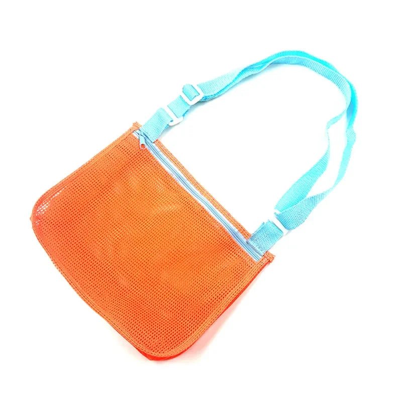 Mesh beach toy bag by Plush Fashion Hub for kids, featuring shell design for storing sand toys, seashells, and swimming accessories.