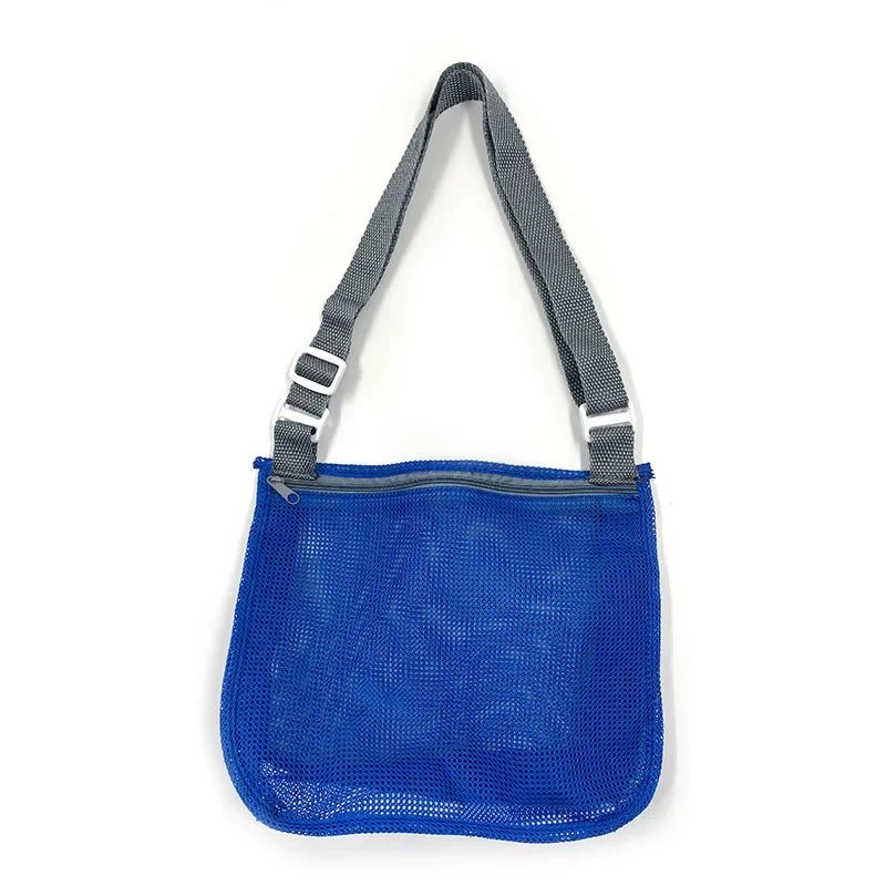 Mesh beach toy bag by Plush Fashion Hub, suitable for kids to store seashells, sand toys, and swimming accessories.