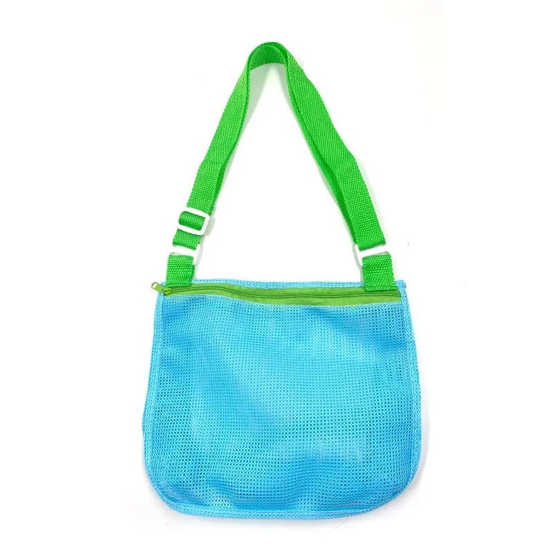Mesh beach toy bag by Plush Fashion Hub, with seashell design, ideal for storing sand toys and swimming accessories for kids.