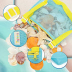 Perfecsy mesh beach toy bag for kids, featuring seashell design, ideal for storing sand toys, pool accessories, and swimming gear.