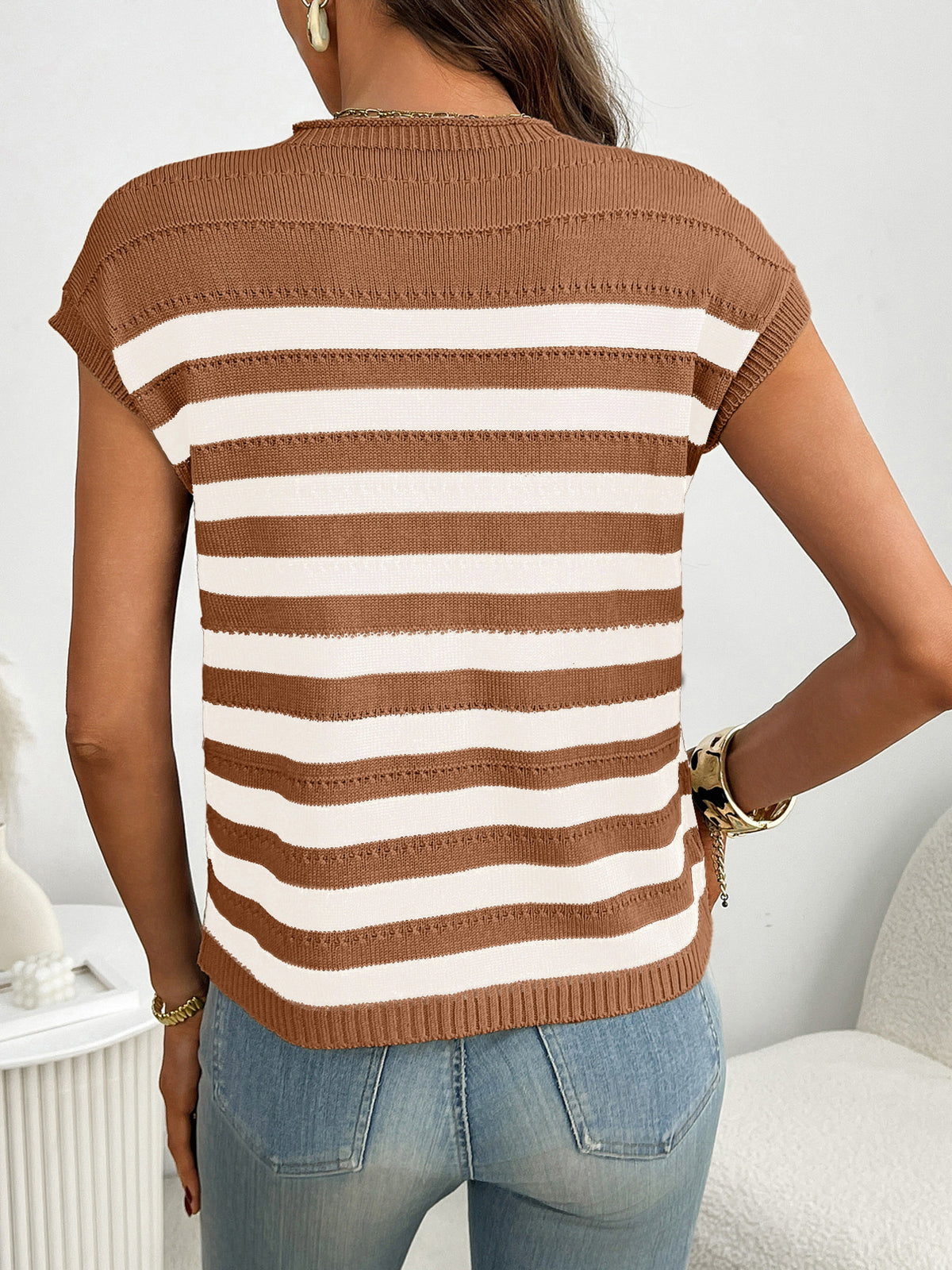 Women’s striped knit cap sleeve sweater with pocket detail, plush outerwear by Plush Fashion Hub, shown on a mannequin.