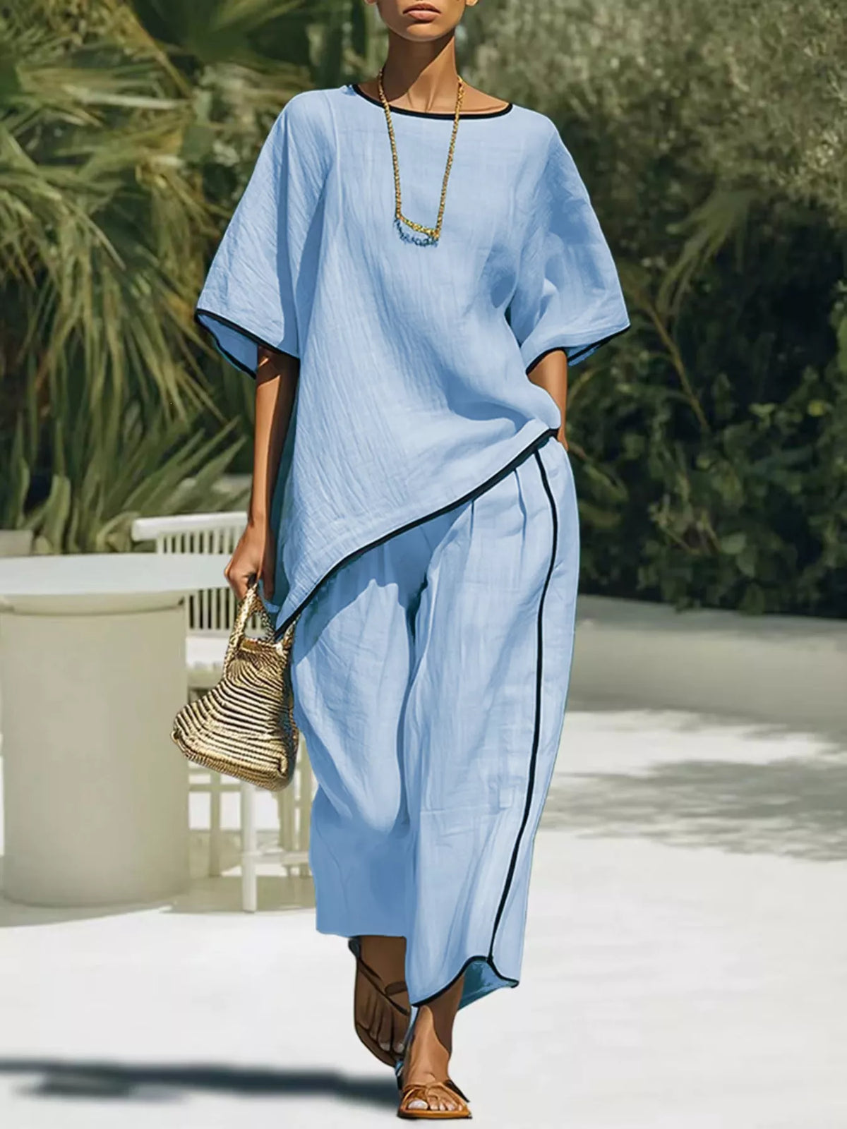 Contrast trim round neck top and pants matching set by Plush Fashion Hub, featuring a comfortable, stylish coordinated outfit.