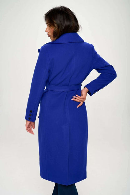 Coalition LA Double-Breasted Longline Coat with Belt in blue, back view.