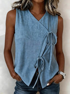 Colorful FitiqueFit Bow-Tied V-Neck Sleeveless Tank Top in five shades, casualwear, available in sizes S to XXL, laid flat.