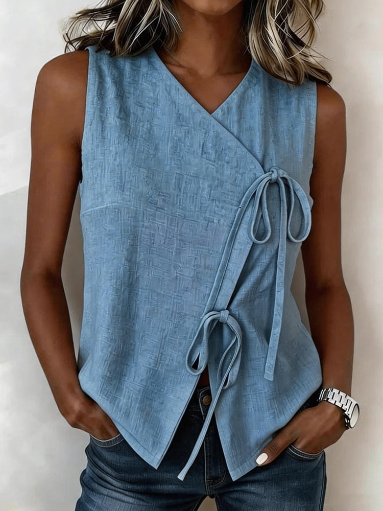 Colorful FitiqueFit Bow-Tied V-Neck Sleeveless Tank Top in five shades, casualwear, available in sizes S to XXL, laid flat.